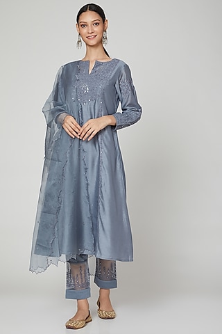 Grey Embroidered Kurta Set by ASAGA