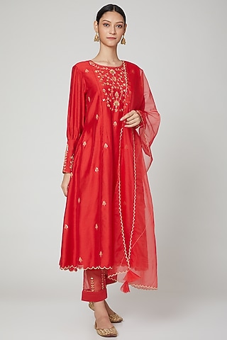 Red Embroidered Kurta Set by ASAGA
