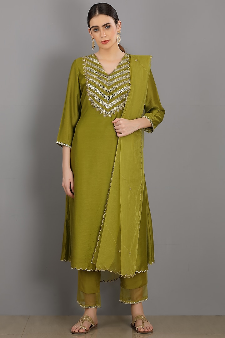 Mehendi Green Embroidered Kurta Set by ASAGA