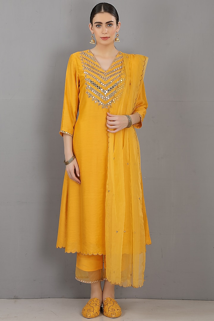 Mustard Chanderi Silk Embroidered Kurta Set by ASAGA