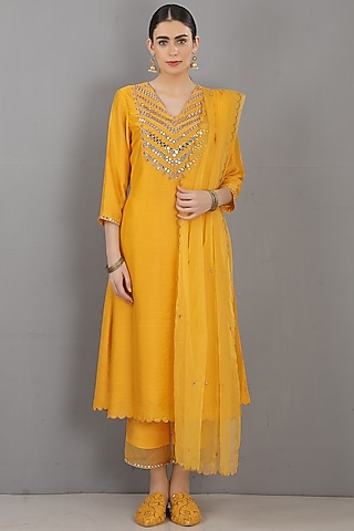 Mustard Chanderi Silk Embroidered Kurta Set by ASAGA