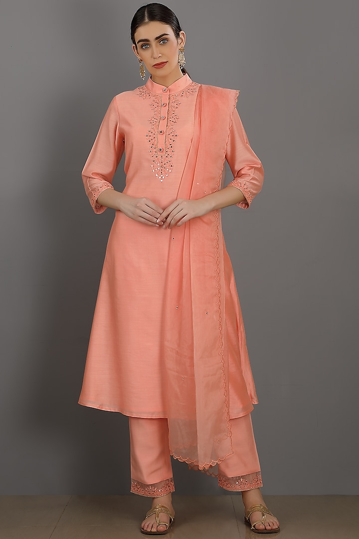 Peach Chanderi Silk Embroidered Kurta Set by ASAGA