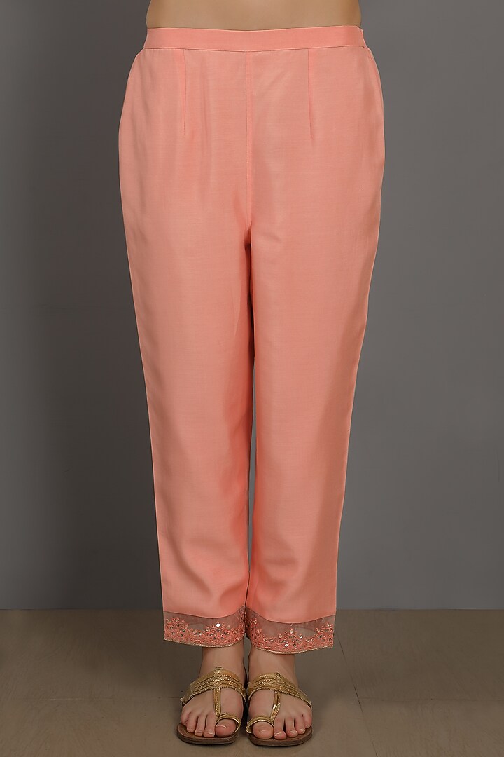 Peach Chanderi Silk Embroidered Kurta Set by ASAGA at Pernia's Pop Up Shop