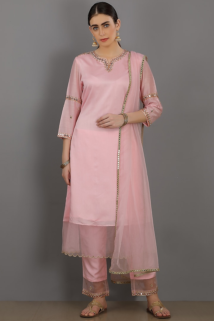Pink Embroidered Chanderi Silk Kurta Set by ASAGA