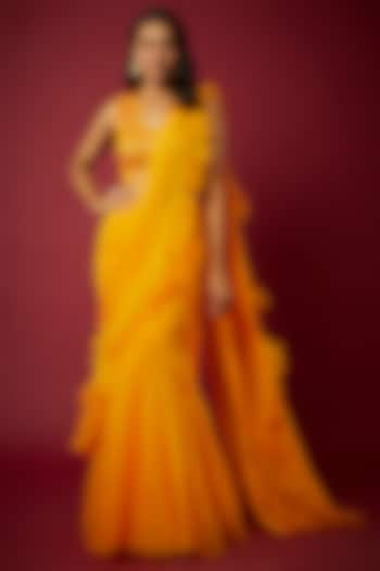 Yellow Chiffon Pre-Draped Ruffled Saree Set by ASAGA