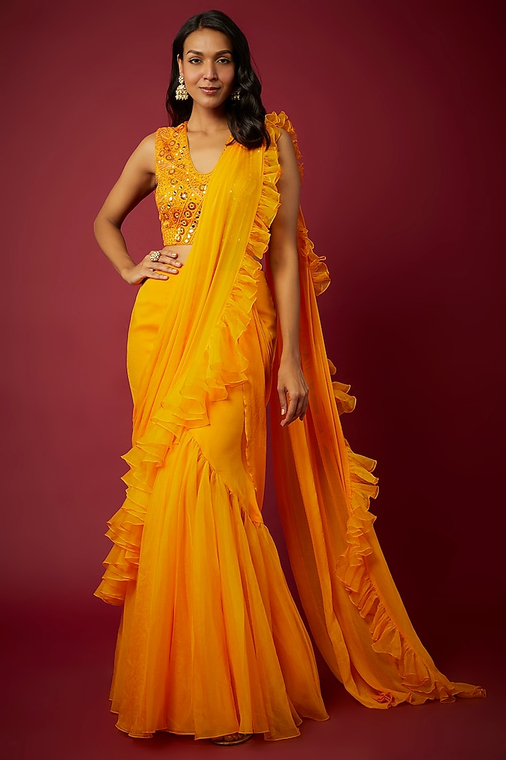 Yellow Chiffon Pre-Draped Ruffled Saree Set by ASAGA