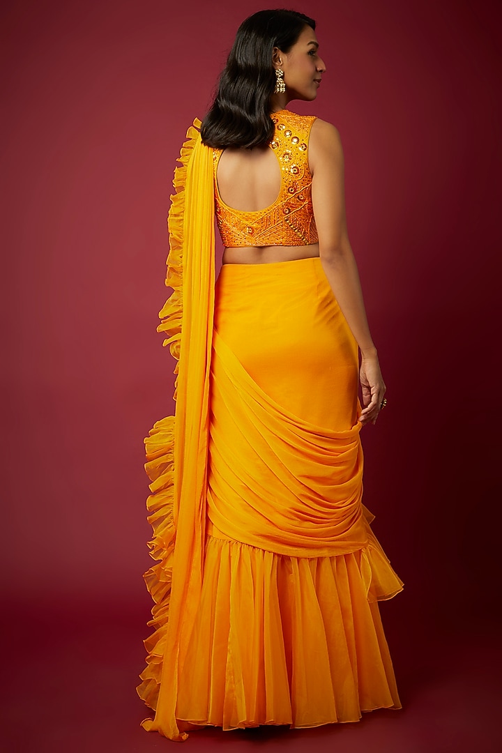 Yellow Chiffon Pre-Draped Ruffled Wedding Saree Set by ASAGA at Pernia's Pop Up Shop