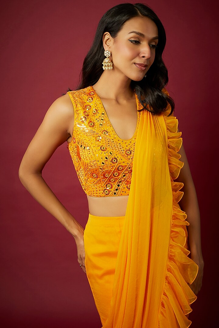 Yellow Chiffon Pre-Draped Ruffled Wedding Saree Set by ASAGA at Pernia's Pop Up Shop