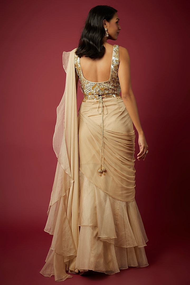 Beige Chiffon & Georgette Pre-Draped Wedding Saree Set by ASAGA at Pernia's Pop Up Shop