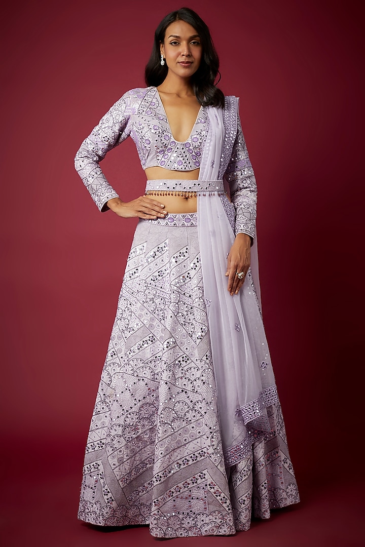 Lavender Raw Silk Mirror Embroidered Wedding Lehenga Set by ASAGA at Pernia's Pop Up Shop