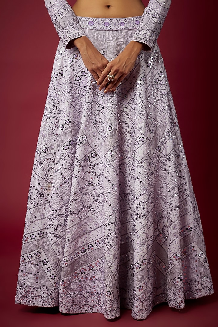 Lavender Raw Silk Mirror Embroidered Wedding Lehenga Set by ASAGA at Pernia's Pop Up Shop