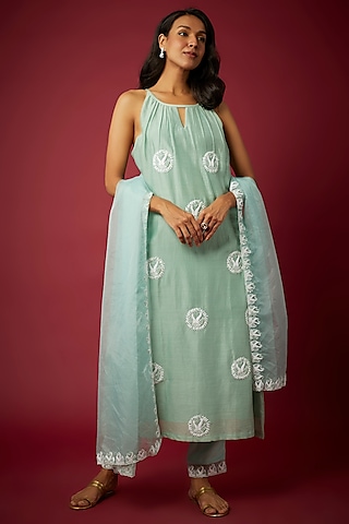 Sage Green Silk Machine & Hand Embroidered Kurta Set by ASAGA