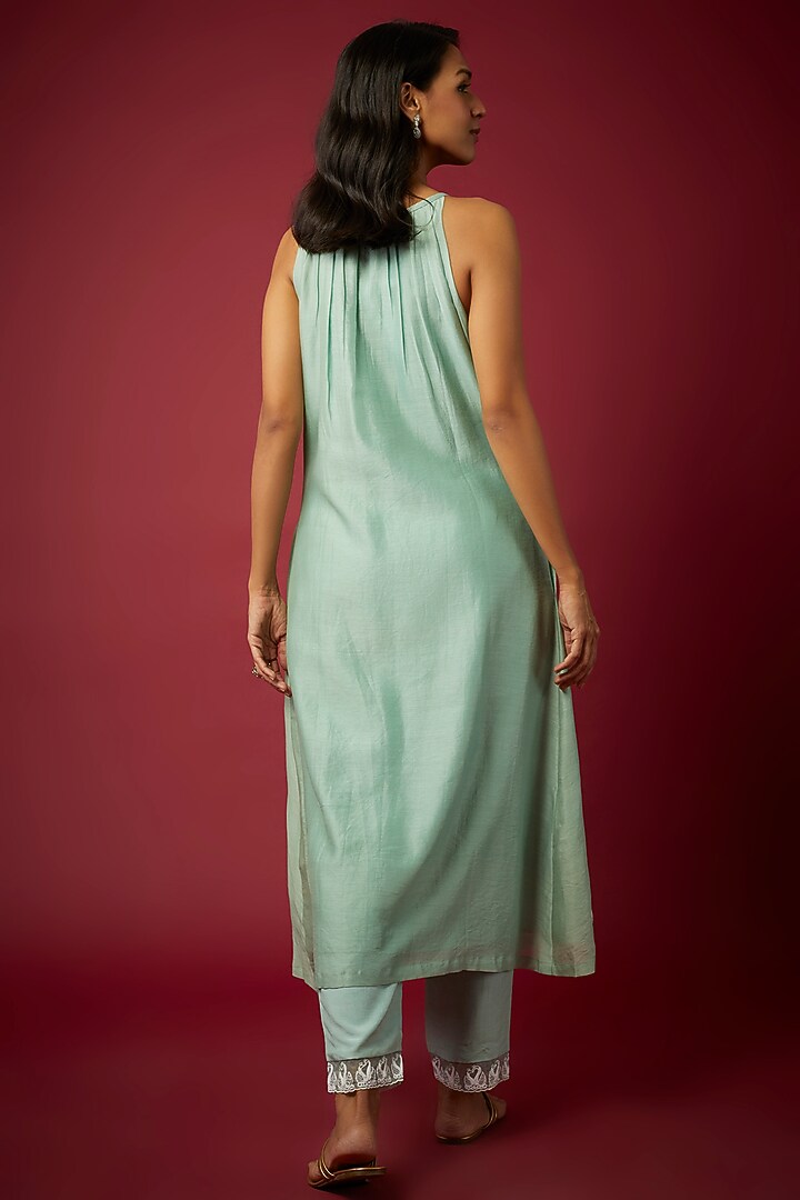 Sage Green Silk Machine & Hand Embroidered Kurta Set by ASAGA at Pernia's Pop Up Shop