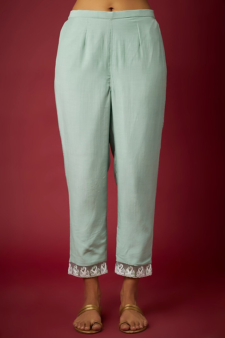 Sage Green Silk Machine & Hand Embroidered Kurta Set by ASAGA at Pernia's Pop Up Shop