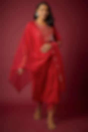 Red Pure Chanderi Hand & Machine Embroidered Kurta Set by ASAGA at Pernia's Pop Up Shop