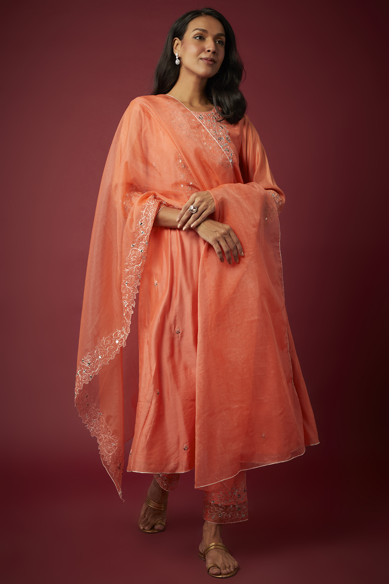 Peach Pure Chanderi Machine Embroidered Kurta Set by ASAGA at Pernia's Pop Up Shop