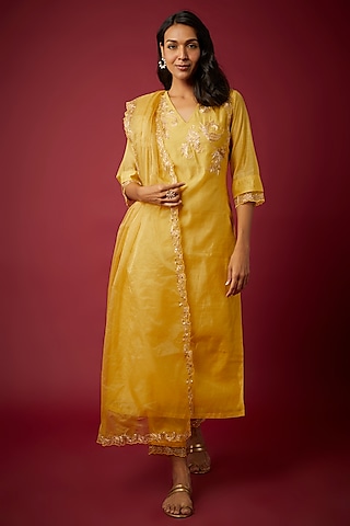 Yellow Pure Chanderi Machine Embroidered Kurta Set by ASAGA