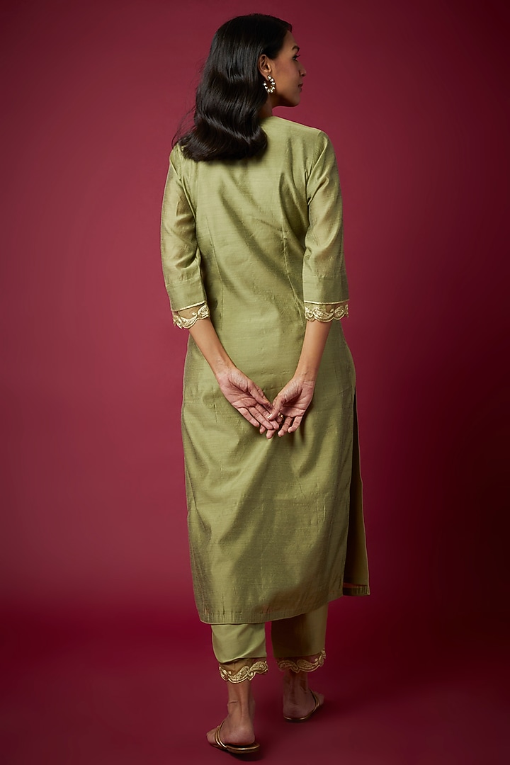 Olive Green Pure Chanderi Machine Embroidered Kurta Set by ASAGA at Pernia's Pop Up Shop
