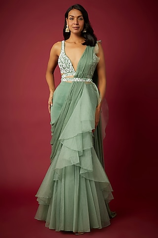 Sage Green Chiffon & Organza Pre-Draped Saree Set by ASAGA