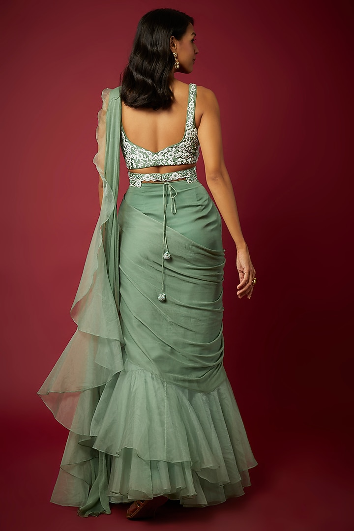 Sage Green Chiffon & Organza Pre-Draped Wedding Saree Set by ASAGA at Pernia's Pop Up Shop