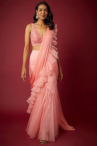 Baby Pink Chiffon & Organza Ruffled Saree Set by ASAGA