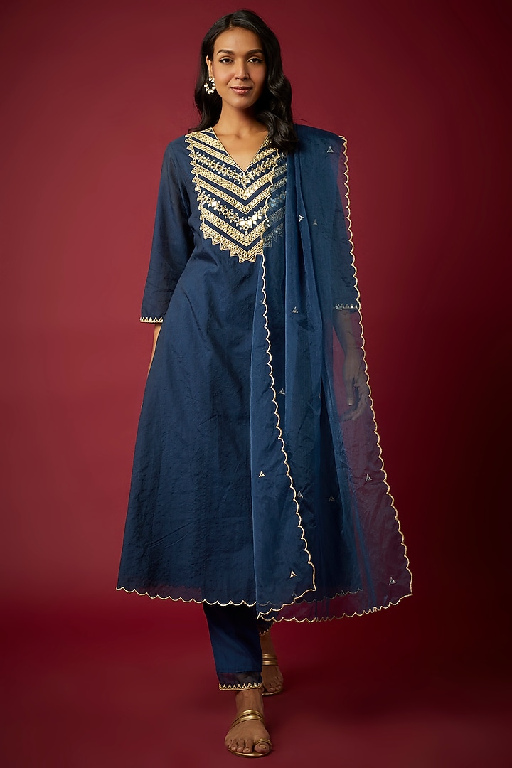 Blue Pure Chanderi Machine Embroidered Kurta Set by ASAGA at Pernia's Pop Up Shop