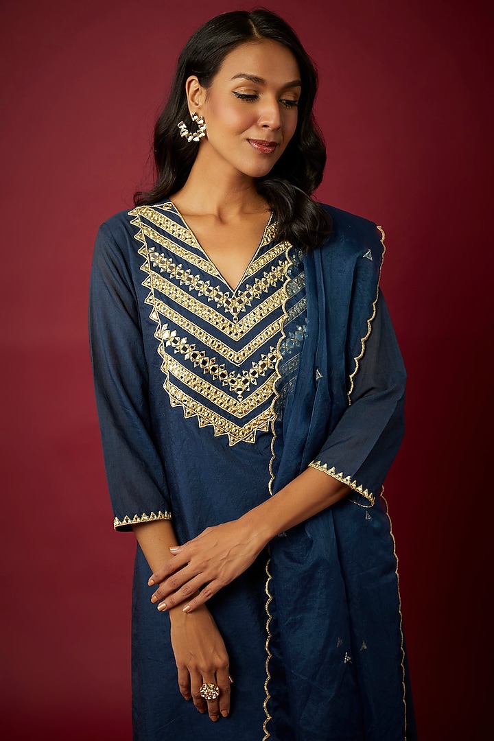 Blue Pure Chanderi Machine Embroidered Kurta Set by ASAGA at Pernia's Pop Up Shop