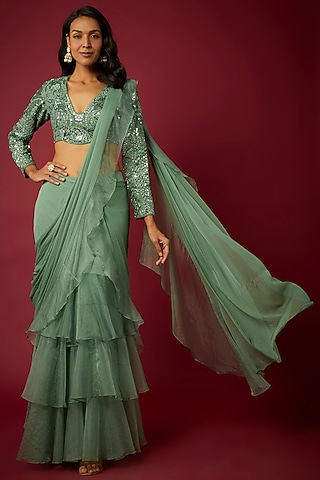 Sage Green Organza & Chiffon Ruffled Saree Set by ASAGA