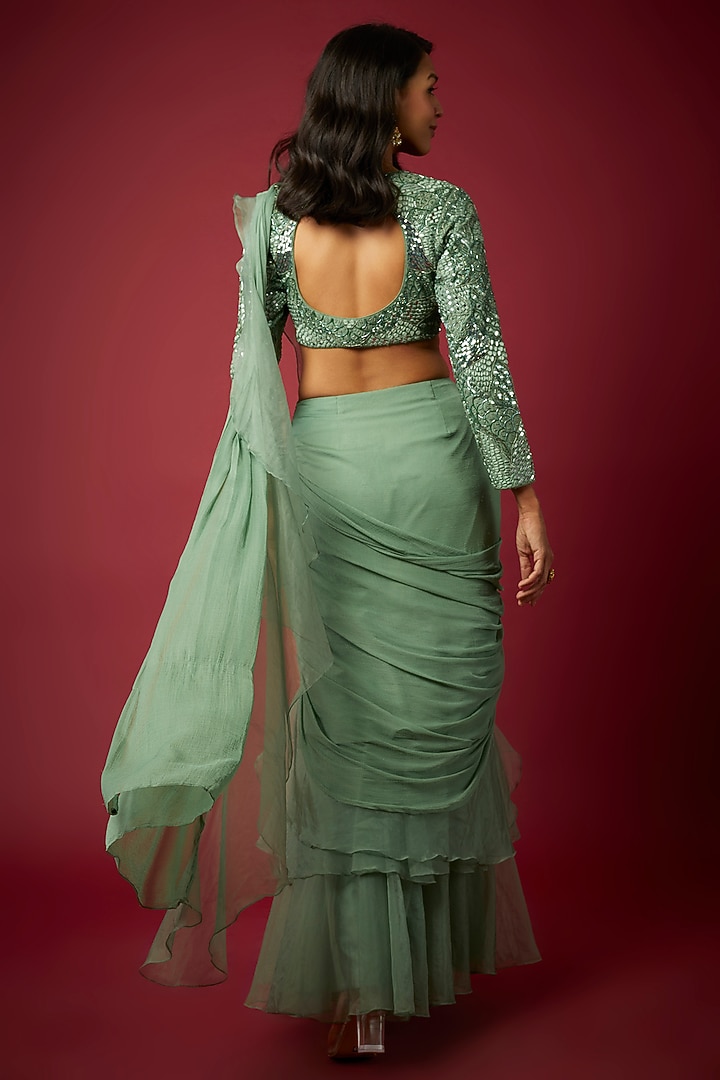 Sage Green Organza & Chiffon Ruffled Wedding Saree Set by ASAGA at Pernia's Pop Up Shop