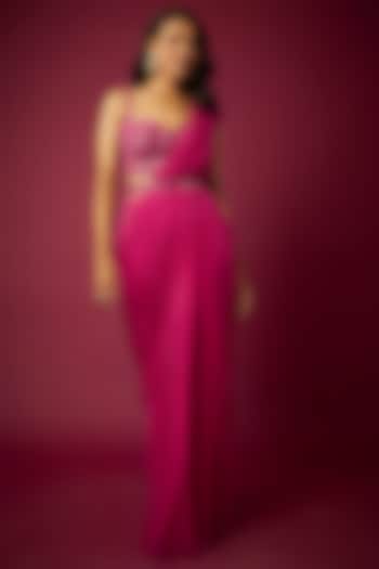 Rani Pink Georgette Pre-Draped Saree Set by ASAGA