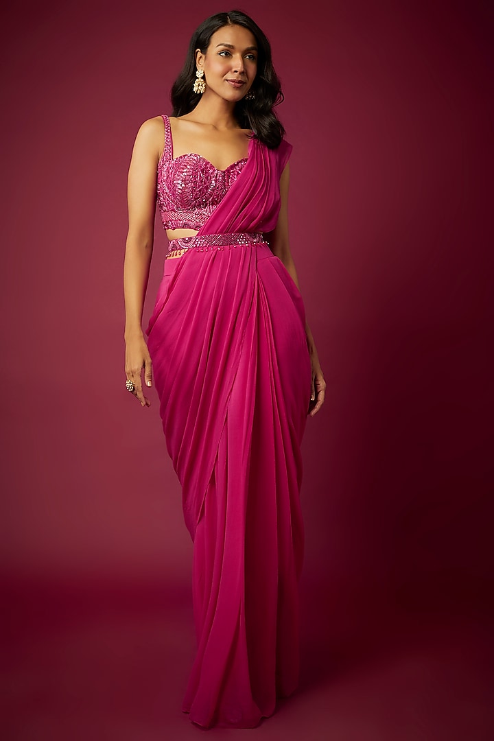Rani Pink Georgette Pre-Draped Saree Set by ASAGA