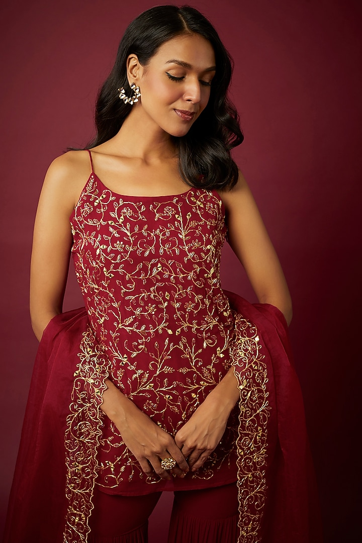 Maroon Georgette Party Wear Sharara Set by ASAGA at Pernia's Pop Up Shop