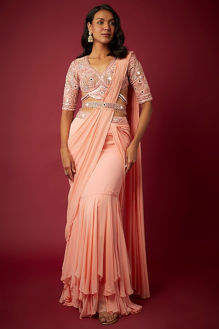 Peach Georgette Pre-Draped Saree Set by ASAGA at Pernia's Pop Up Shop