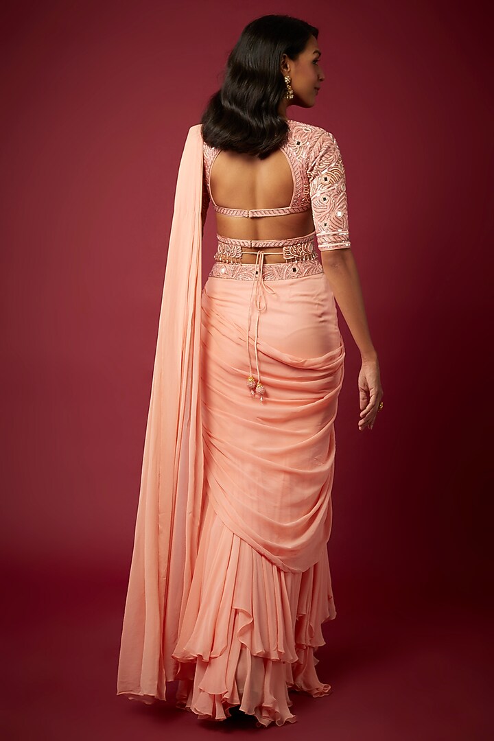 Peach Georgette Pre-Draped Wedding Saree Set by ASAGA at Pernia's Pop Up Shop