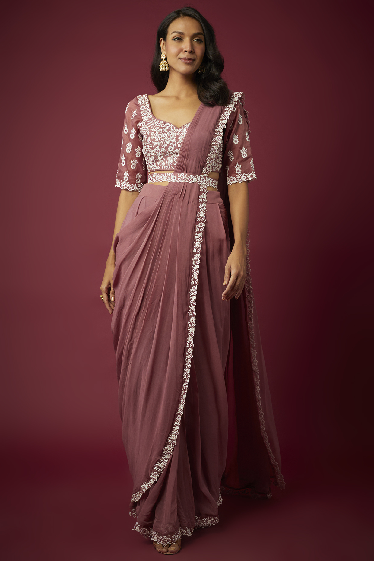 Onion Pink Georgette Pre-Draped Wedding Saree Set by ASAGA at Pernia's Pop Up Shop