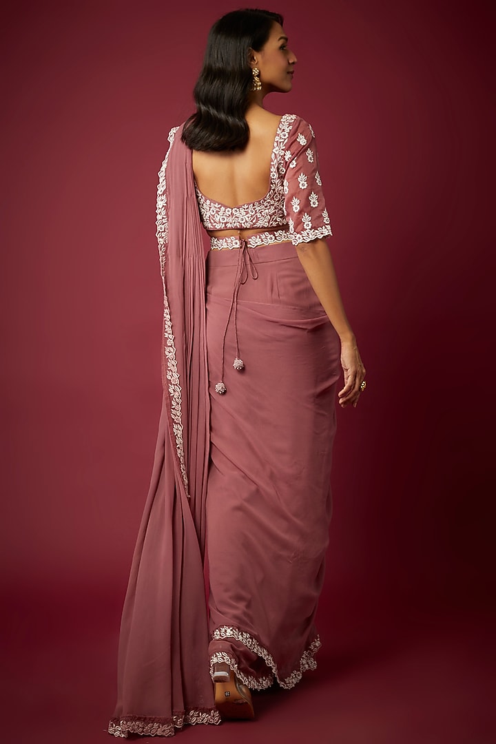 Onion Pink Georgette Pre-Draped Wedding Saree Set by ASAGA at Pernia's Pop Up Shop