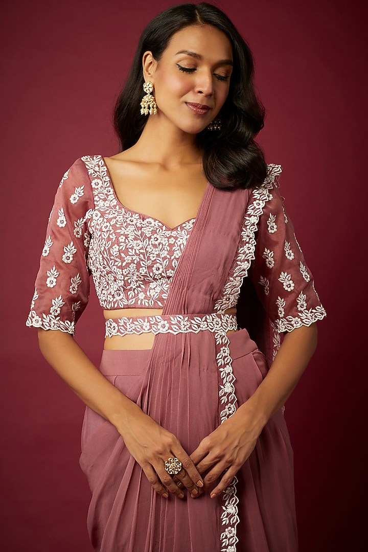 Onion Pink Georgette Pre-Draped Wedding Saree Set by ASAGA at Pernia's Pop Up Shop
