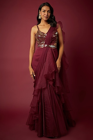 Wine Chiffon & Organza Ruffled Saree Set by ASAGA