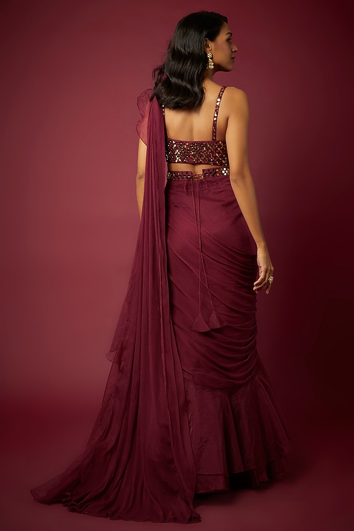 Wine Chiffon & Organza Ruffled Wedding Saree Set by ASAGA at Pernia's Pop Up Shop