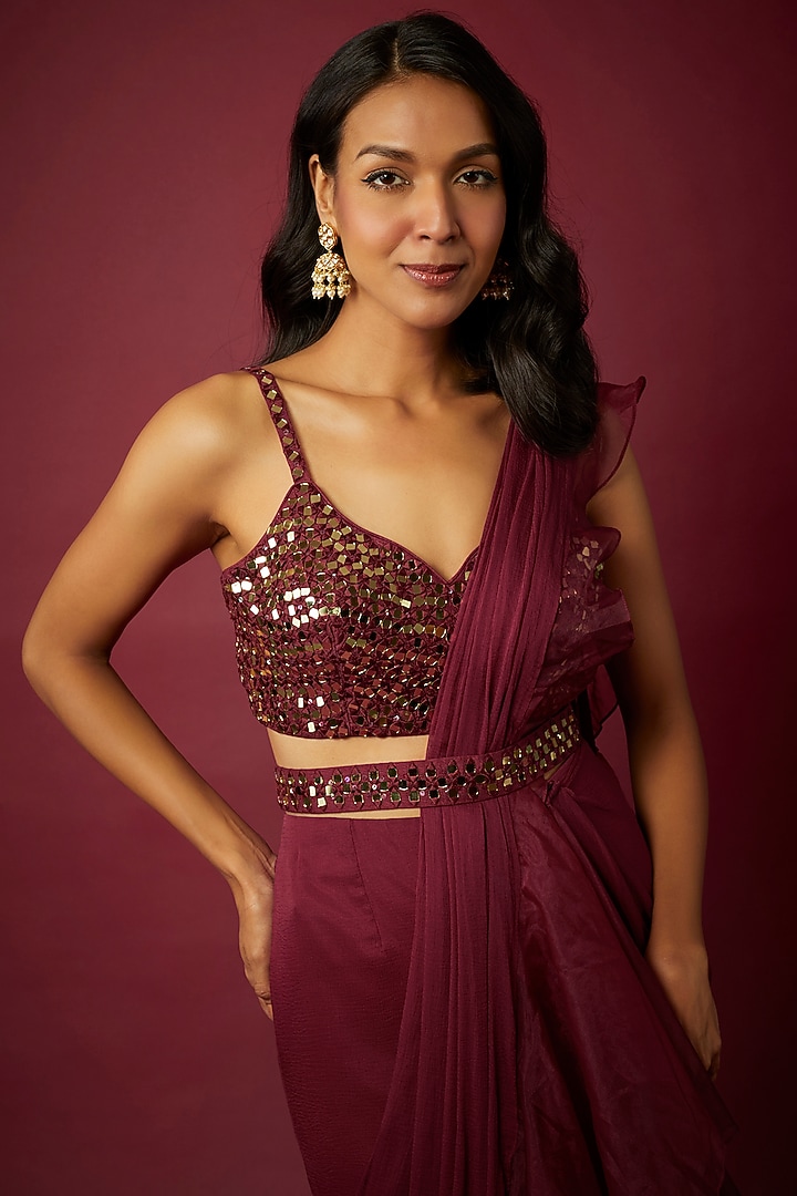 Wine Chiffon & Organza Ruffled Wedding Saree Set by ASAGA at Pernia's Pop Up Shop