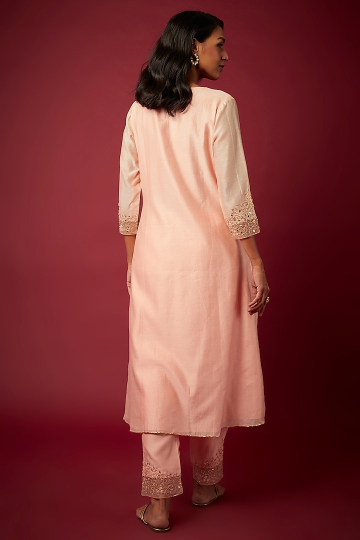 Baby Pink Pure Chanderi Machine Embroidered Kurta Set by ASAGA at Pernia's Pop Up Shop