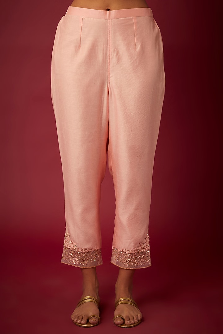 Baby Pink Pure Chanderi Machine Embroidered Kurta Set by ASAGA at Pernia's Pop Up Shop