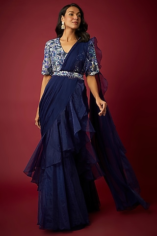 Blue Chiffon & Organza Pre-Draped Saree Set by ASAGA