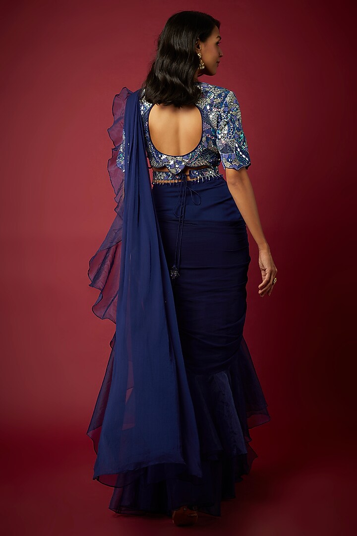 Blue Chiffon & Organza Pre-Draped Wedding Saree Set by ASAGA at Pernia's Pop Up Shop