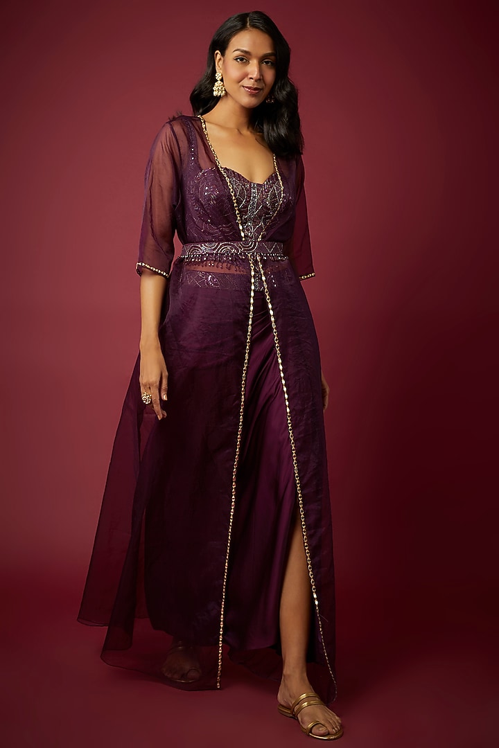 Purple Silk & Satin Organza Embroidered Skirt Set by ASAGA at Pernia's Pop Up Shop