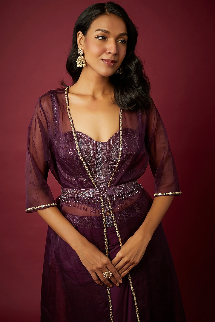 Purple Silk & Satin Organza Embroidered Skirt Set by ASAGA at Pernia's Pop Up Shop