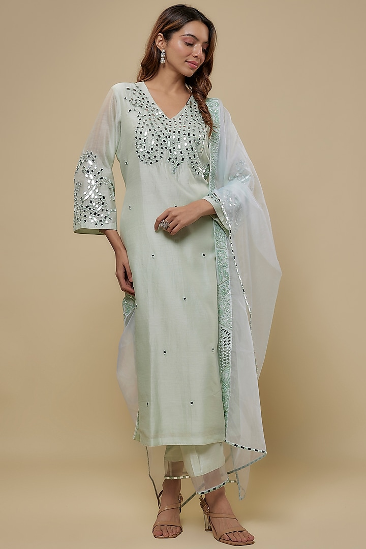 Mint Chanderi Mirror Embroidered Kurta Set by ASAGA at Pernia's Pop Up Shop