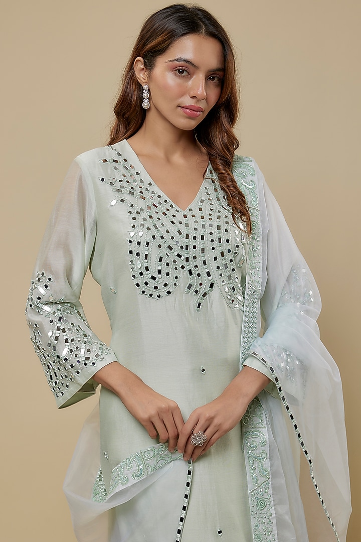 Mint Chanderi Mirror Embroidered Kurta Set by ASAGA at Pernia's Pop Up Shop