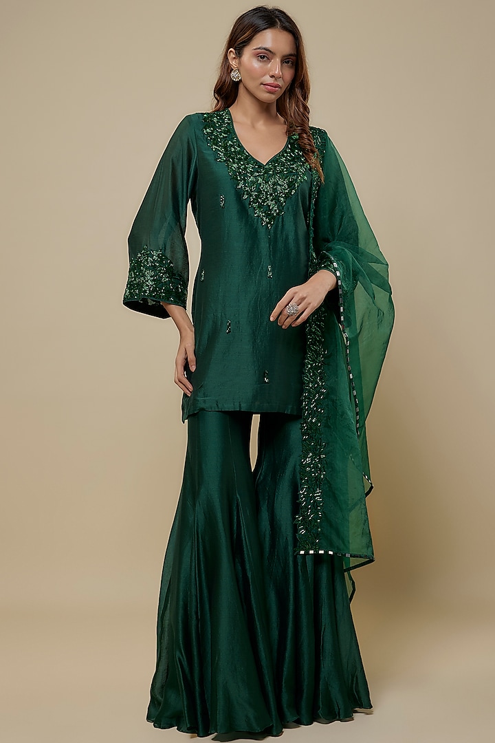 Emerald Green Chanderi Sharara Set by ASAGA at Pernia's Pop Up Shop