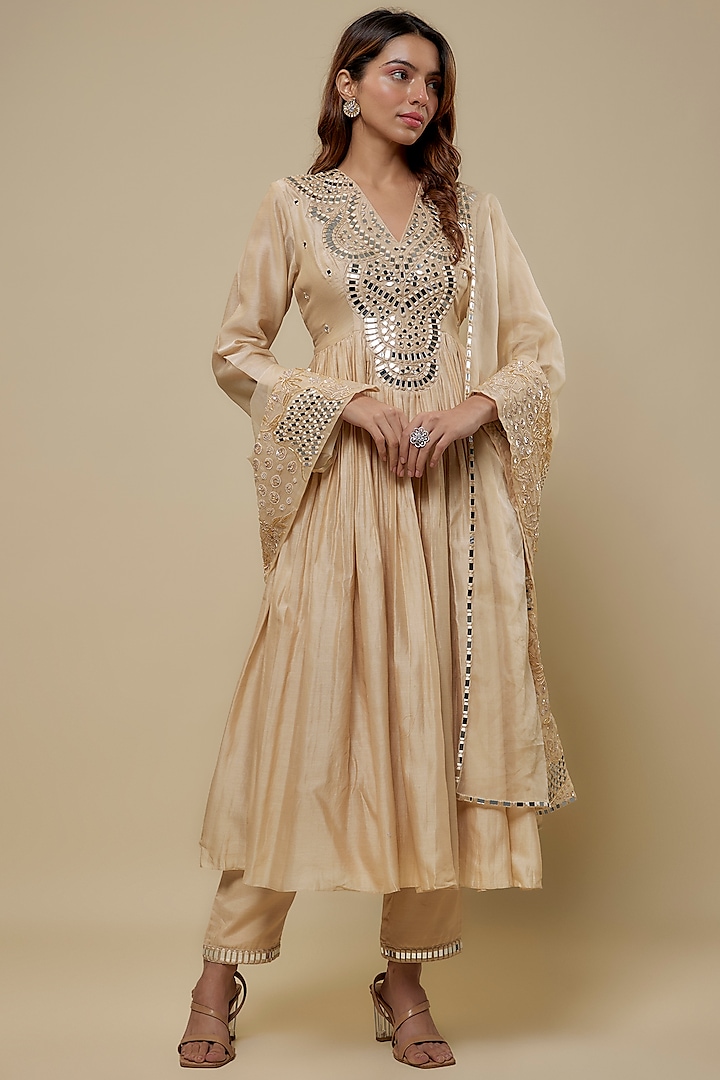 Beige Chanderi Mirror Hand Embroidered Anarkali Set by ASAGA